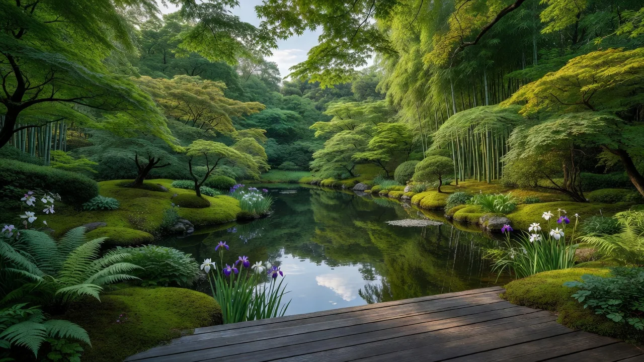 庭園の池と緑の景色