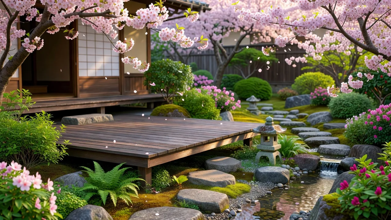 春の花が咲く美しい庭園