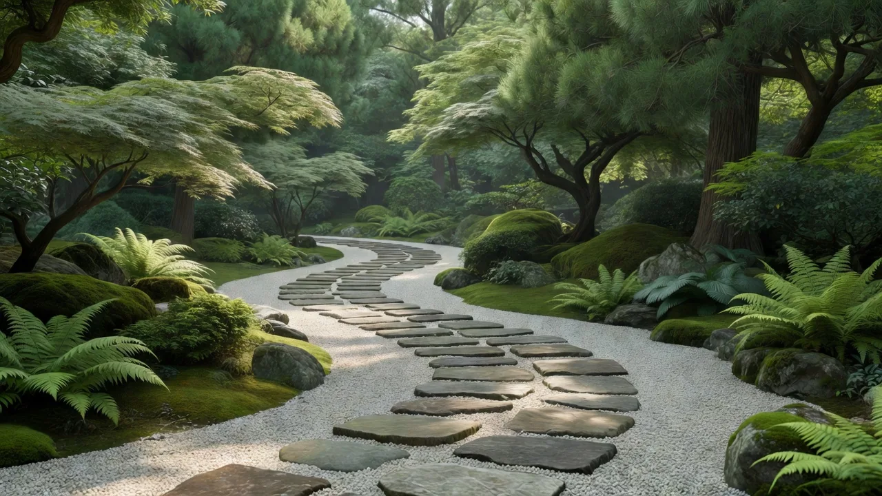 曲線を描く石畳の園路